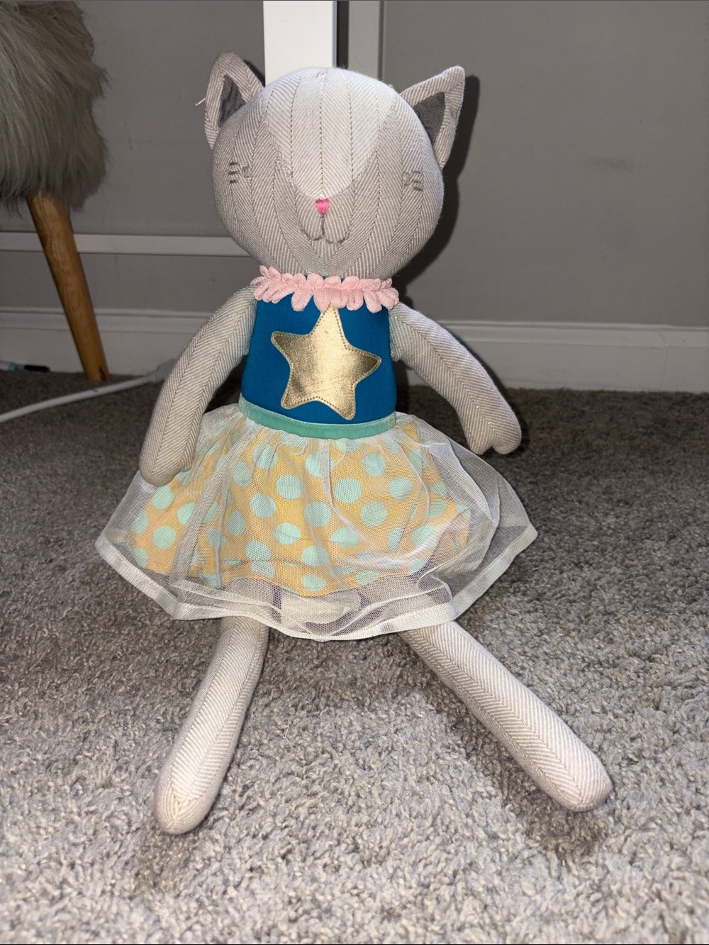 Pillowfort Gray Cat Plush with Blue Top, Gold Star & Yellow Polka Dot Skirt